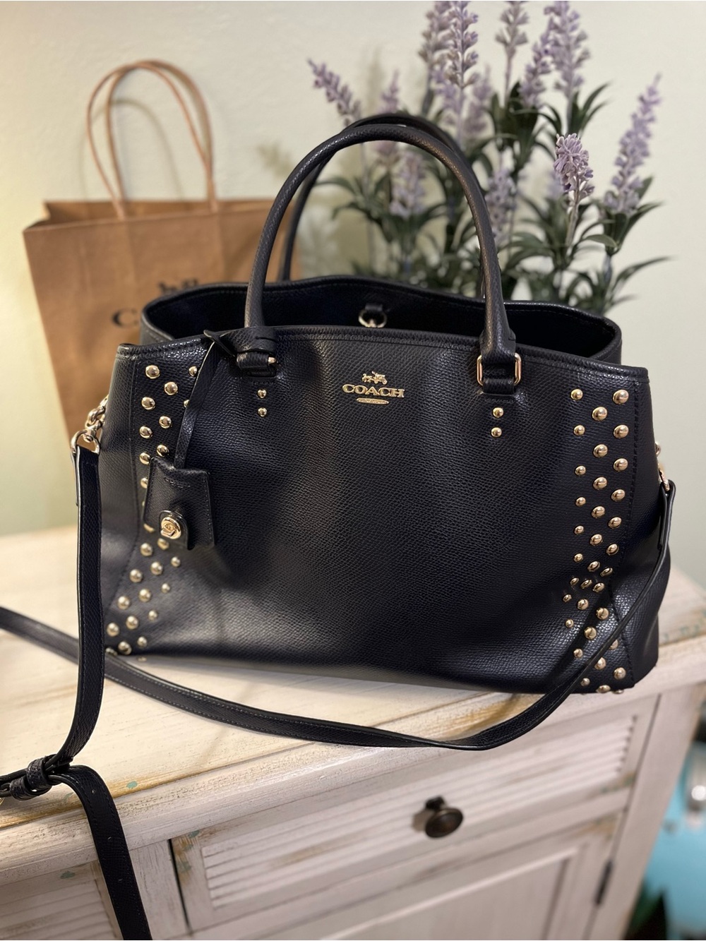 Coach Margot Studded Carryall Midnight Blue Leather F35270 Excellent Condition
